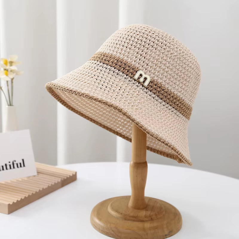 2023 Summer Knitted Hollow Sun Hats for Women Matching Color Sunshade Ladies Holiday Beach Bucket Hat Fisherman Cap Wholesale