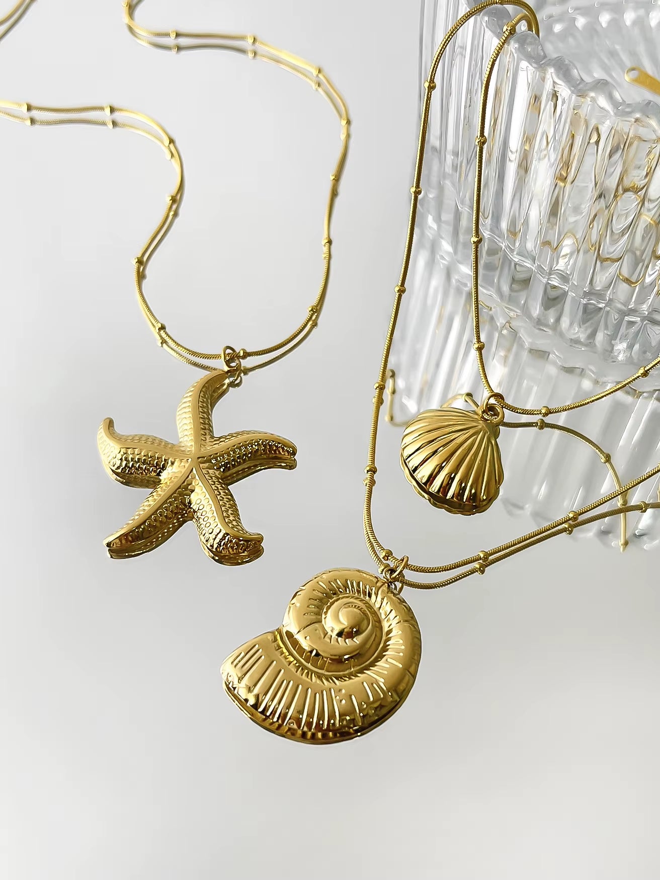 Minimalist Starfish Stripe Conch Scallop Shaped Pendant Necklace for Women Waterproof Trend Jewelry Summer Beach Party