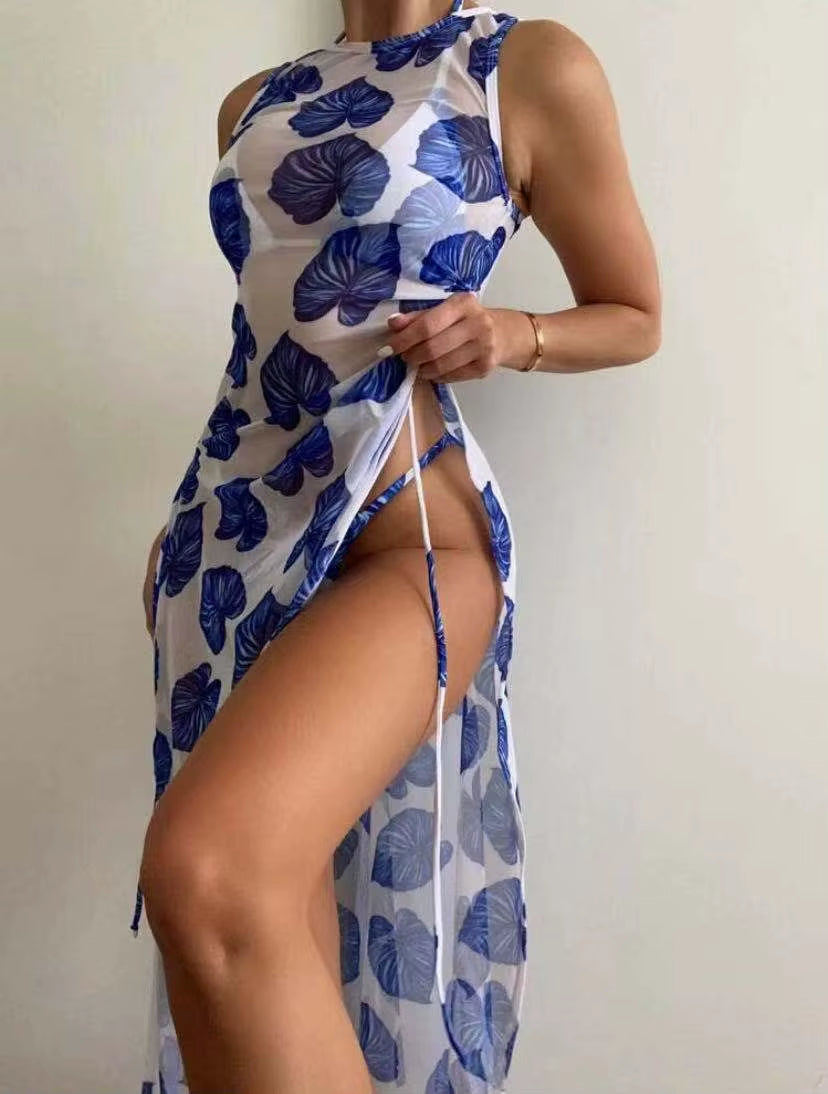 3 Pieces Leaf Print Thong Bikini 2025 Women with Cover up Swimwear Female Trikini Swimsuit Bathers Bathing Swimming Suit Summer