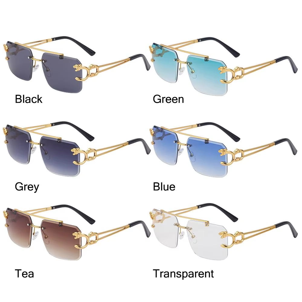 Fashion Leopard Rimless Square Double Bridge Sun Glasses Vintage Women Men Sunglasses UV400 Steampunk Eyewear Retro Shades