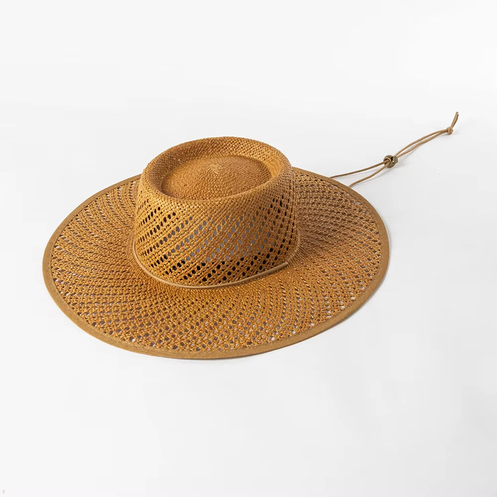New Designer Style Hollow Big Brim Beach Straw Hats for Women with Straps Fashion Design Summer Sun Hats Lady Panama Fedora Hat