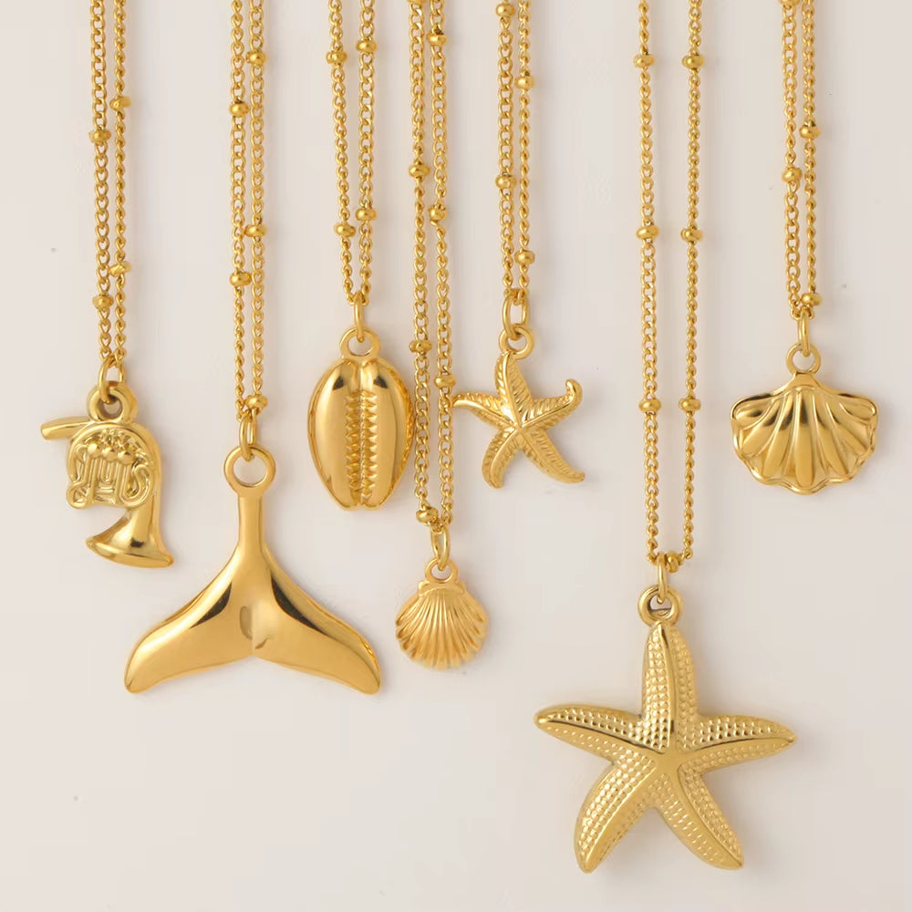 Ocean Series Pendant Necklace for Women Golden Chain Shell Starfish Pendant Summer Beach Women Stainless Steel Jewelry 2025 New