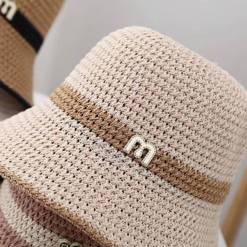 2023 Summer Knitted Hollow Sun Hats for Women Matching Color Sunshade Ladies Holiday Beach Bucket Hat Fisherman Cap Wholesale