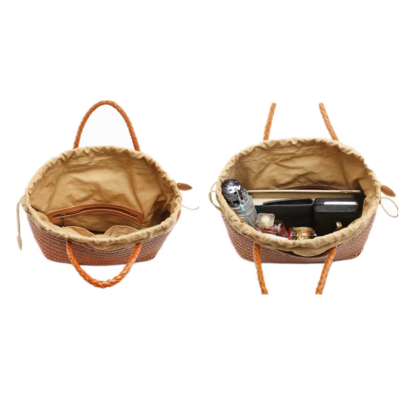 Hand-Woven Genuine Leather Woven Casual Vegetable Basket Bag with Casual Woven inside Bag Vintage Shopping Bag Tote Bag