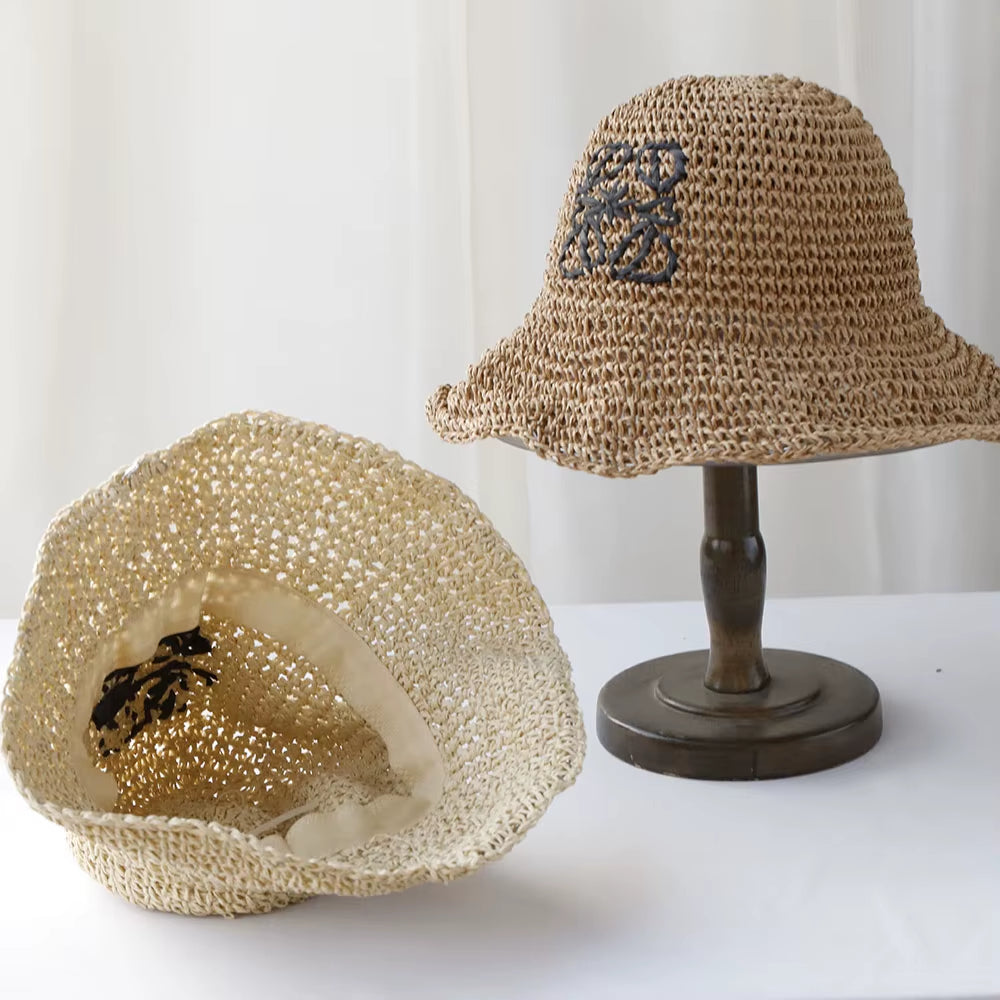 NEW High Quality Handmade Stripe Sun Hat Floppy Summer Hats for Women Beach Panama Straw Dome Bucket Hat Femme Shade Hat