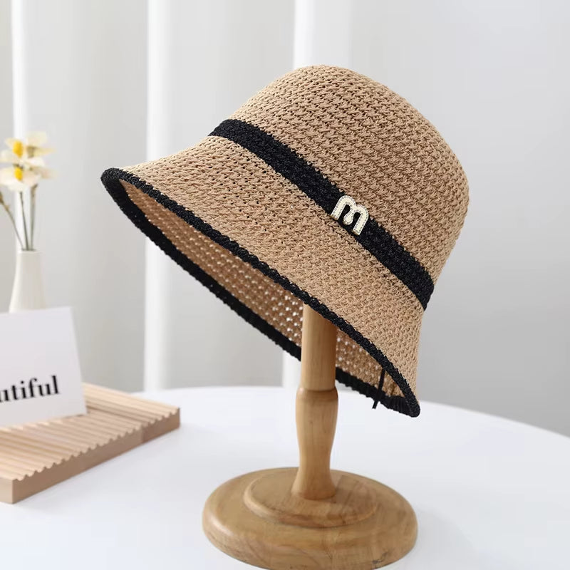 2023 Summer Knitted Hollow Sun Hats for Women Matching Color Sunshade Ladies Holiday Beach Bucket Hat Fisherman Cap Wholesale