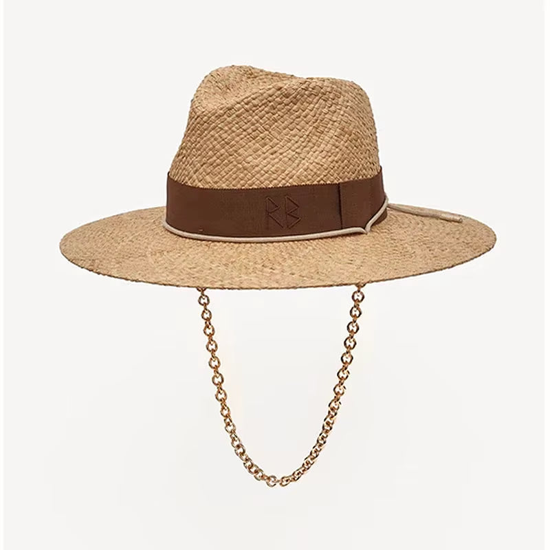 Chain Strap Straw Fedora Hat Embellished Beach Hats with Chain for Women Straw Woven Sun Hats Summer Holidaty Panama Hat