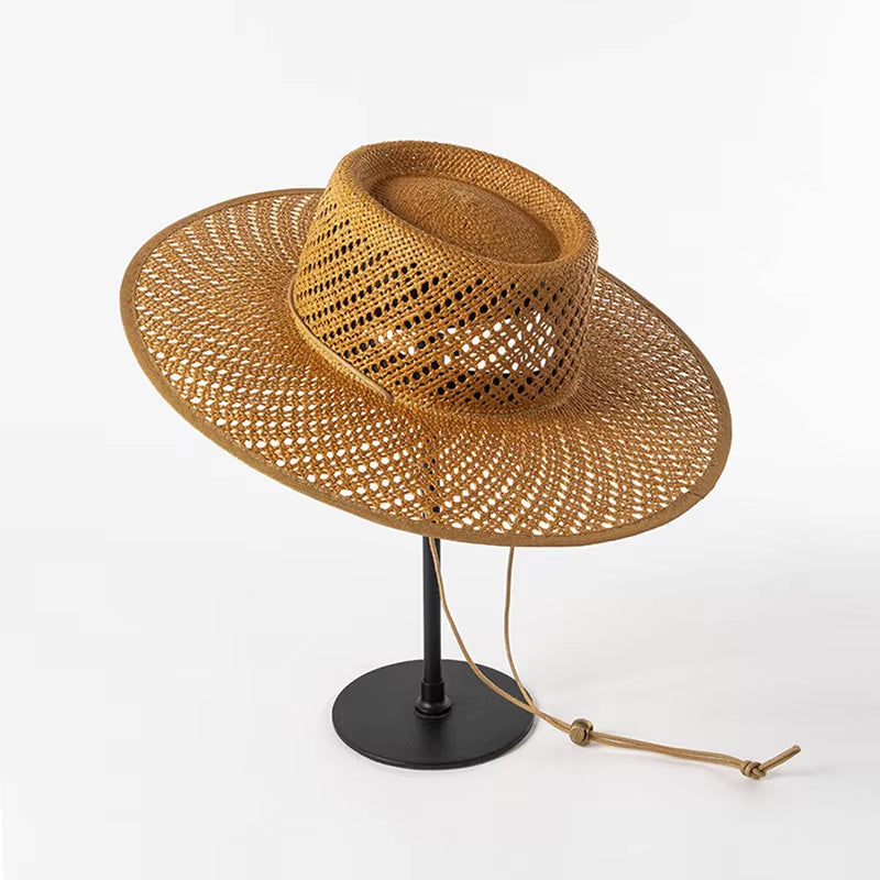 New Designer Style Hollow Big Brim Beach Straw Hats for Women with Straps Fashion Design Summer Sun Hats Lady Panama Fedora Hat