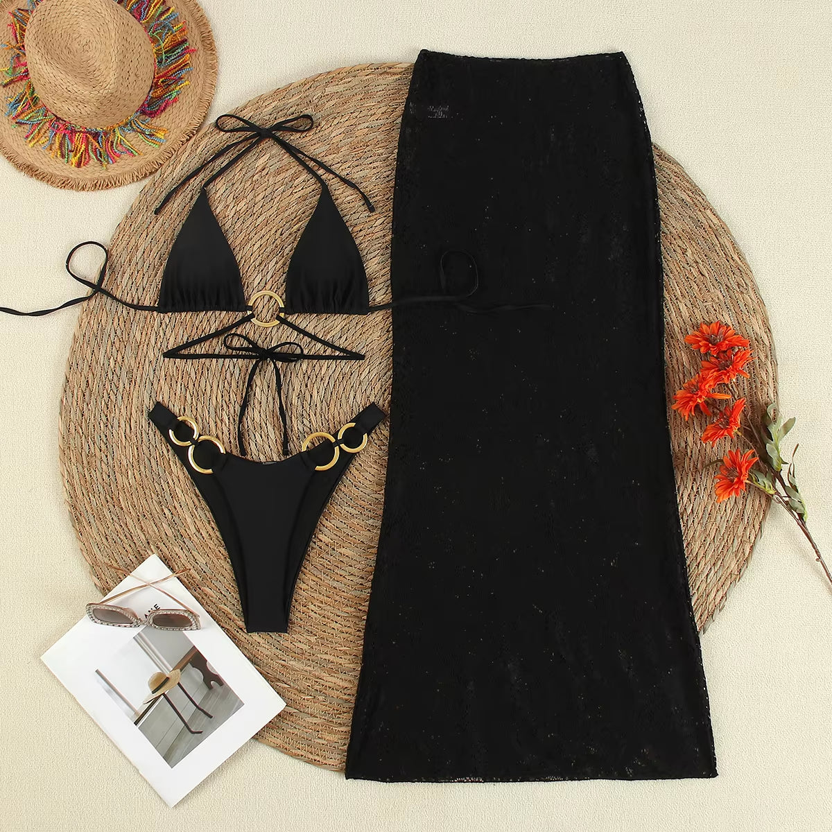 Sexy Black 3 Pieces Micro Bikinis Women Swimsuit 2024 Swimwear Bathing Suit Beachwear with Lace Skirt Bikini Set Biquini Female