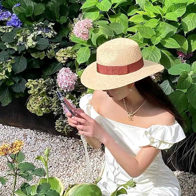 Chain Strap Straw Fedora Hat Embellished Beach Hats with Chain for Women Straw Woven Sun Hats Summer Holidaty Panama Hat