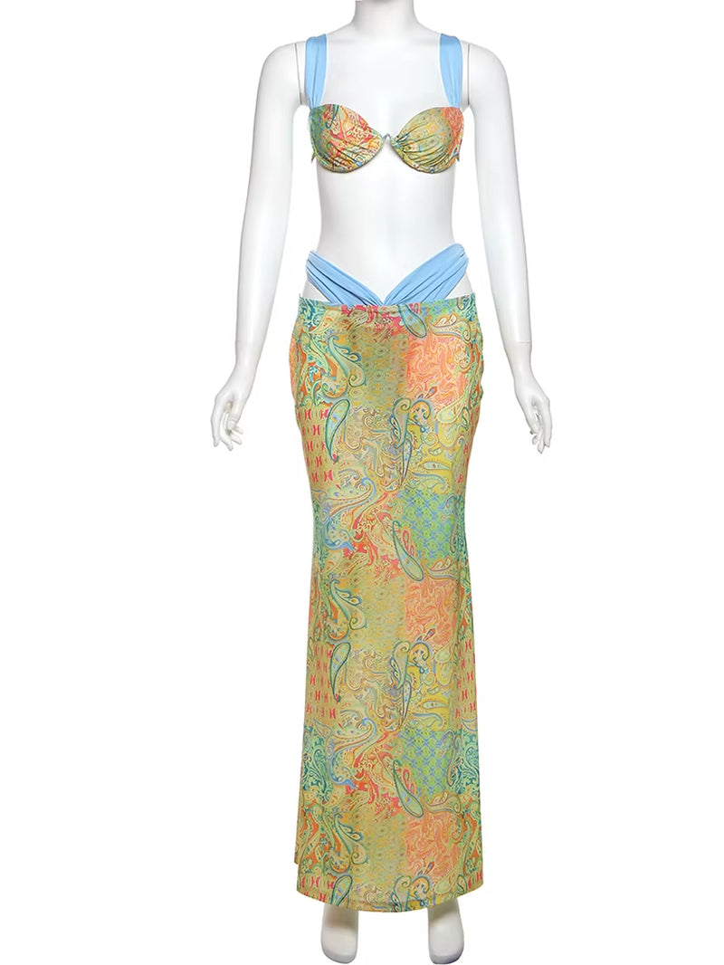 Ensemble 2 Pièces Pour Femmes, Haut De Soutien-Gorge Imprimé Coloré + Jupes Maxi Creuses Taille Haute