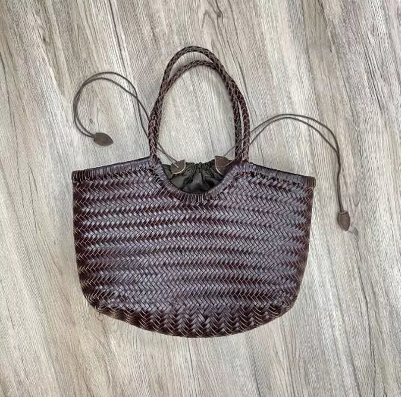 Hand-Woven Genuine Leather Woven Casual Vegetable Basket Bag with Casual Woven inside Bag Vintage Shopping Bag Tote Bag