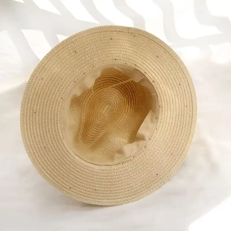 New Spring Summer Hats for Women Flower Beads Wide Brimmed Jazz Panama Hat Sun Visor Beach Hat Flower Pearl Rivet Straw Hat