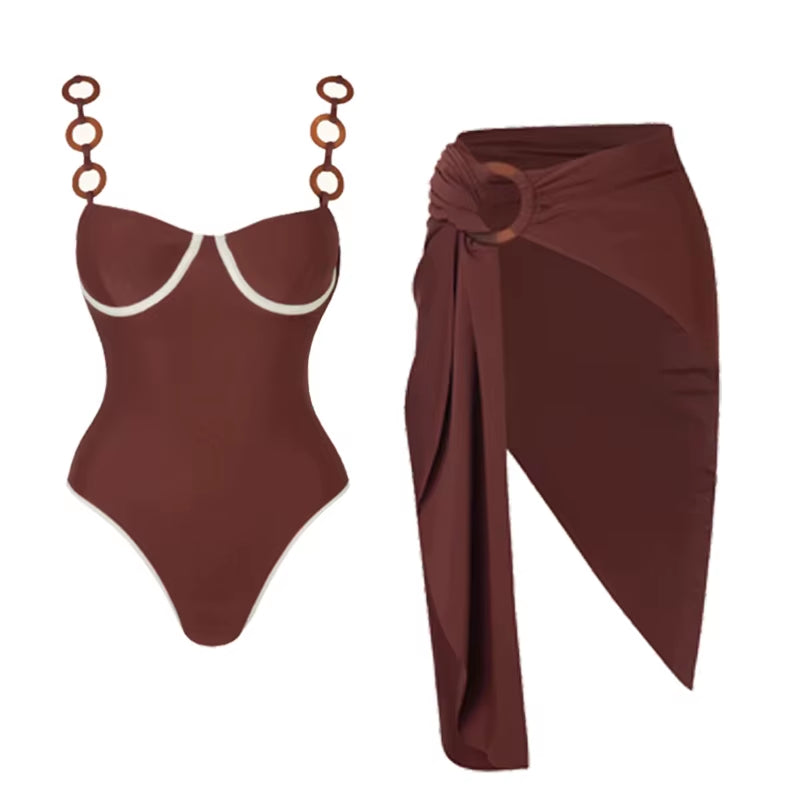 2024 Swimsuit Ring Decoration Brown One Piece Women Swimwear Vacation Beachwear Clearance Wholesale