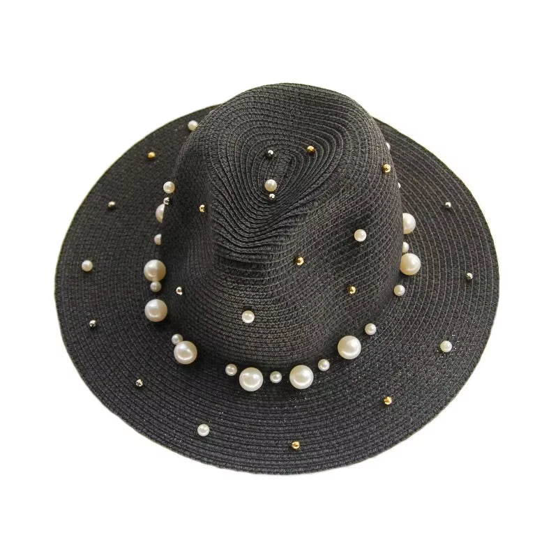 New Spring Summer Hats for Women Flower Beads Wide Brimmed Jazz Panama Hat Sun Visor Beach Hat Flower Pearl Rivet Straw Hat