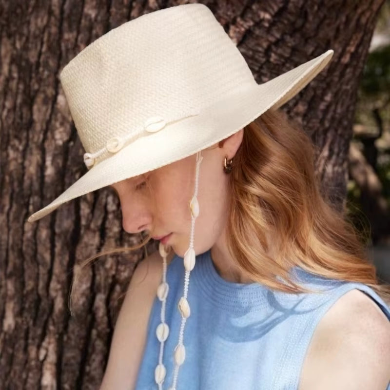 French Vintage Jazz Straw Hat Summer Beach Straw Hat for Women with Shell Strap | Handwoven Wide Brim Sun Hat for Vacation
