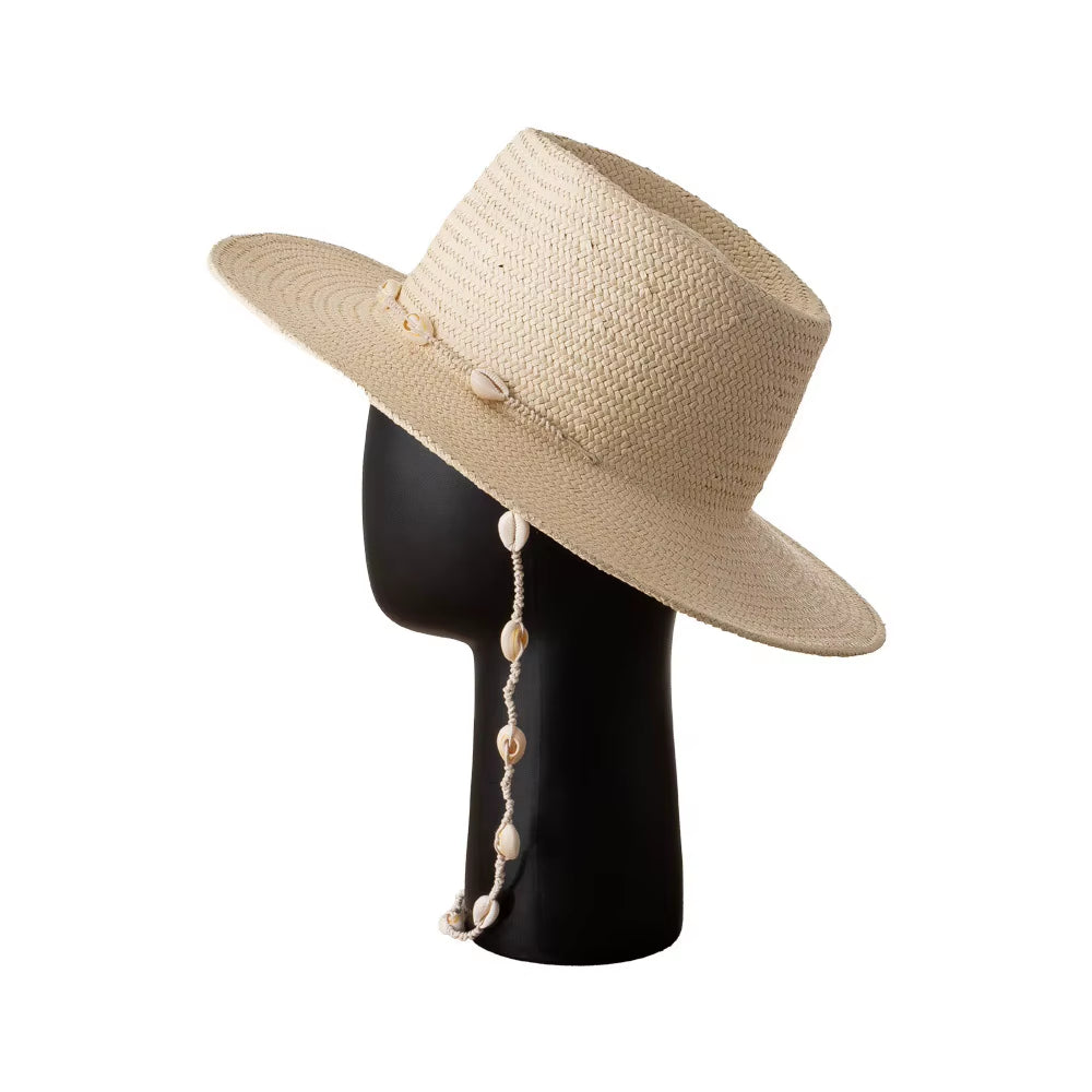 French Vintage Jazz Straw Hat Summer Beach Straw Hat for Women with Shell Strap | Handwoven Wide Brim Sun Hat for Vacation
