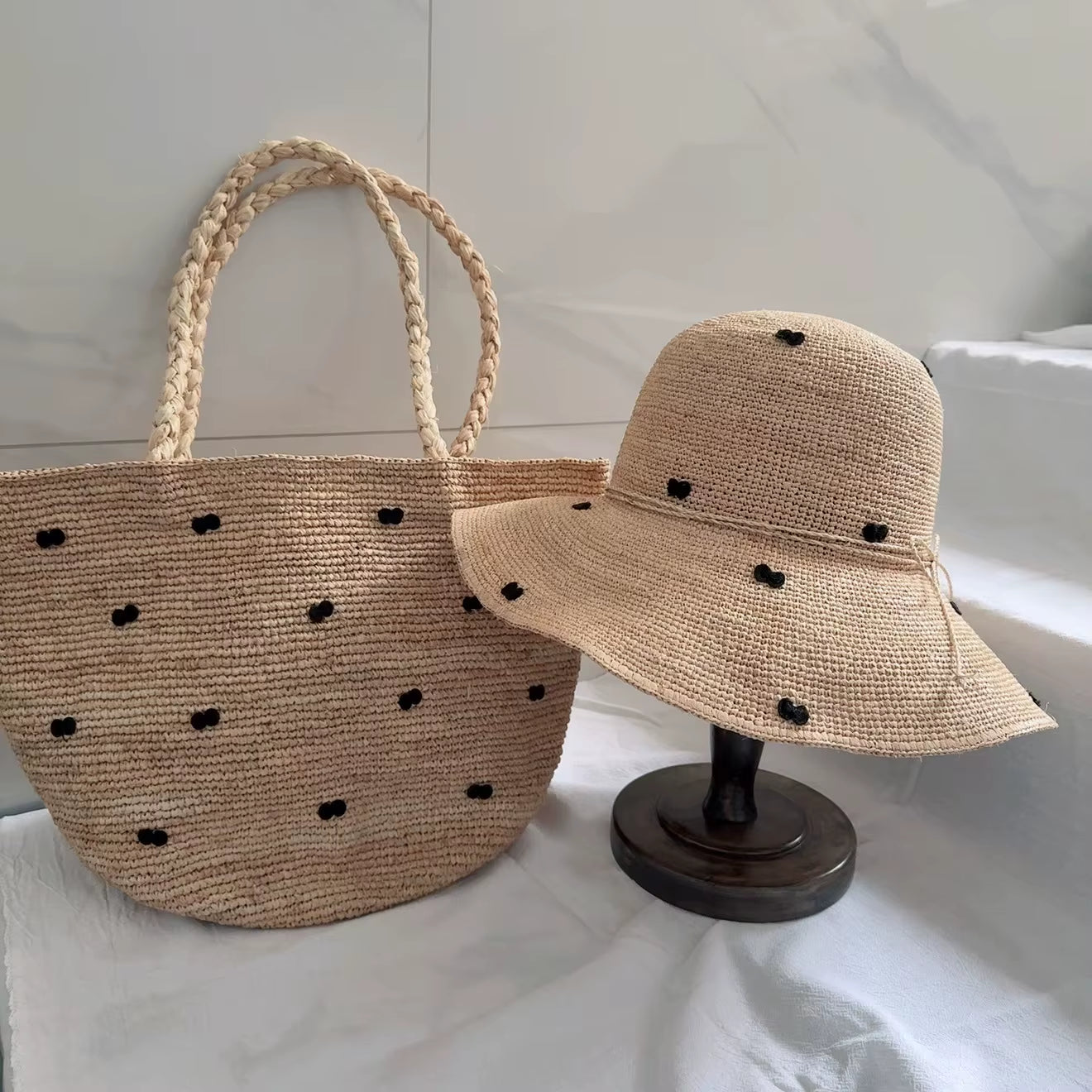 Raffia Straw Bow Decor Sun Hat & Tote Bag Set | Natural Handmade Beach Accessories, Foldable Wide Brim Hat Large Capacity Bag |