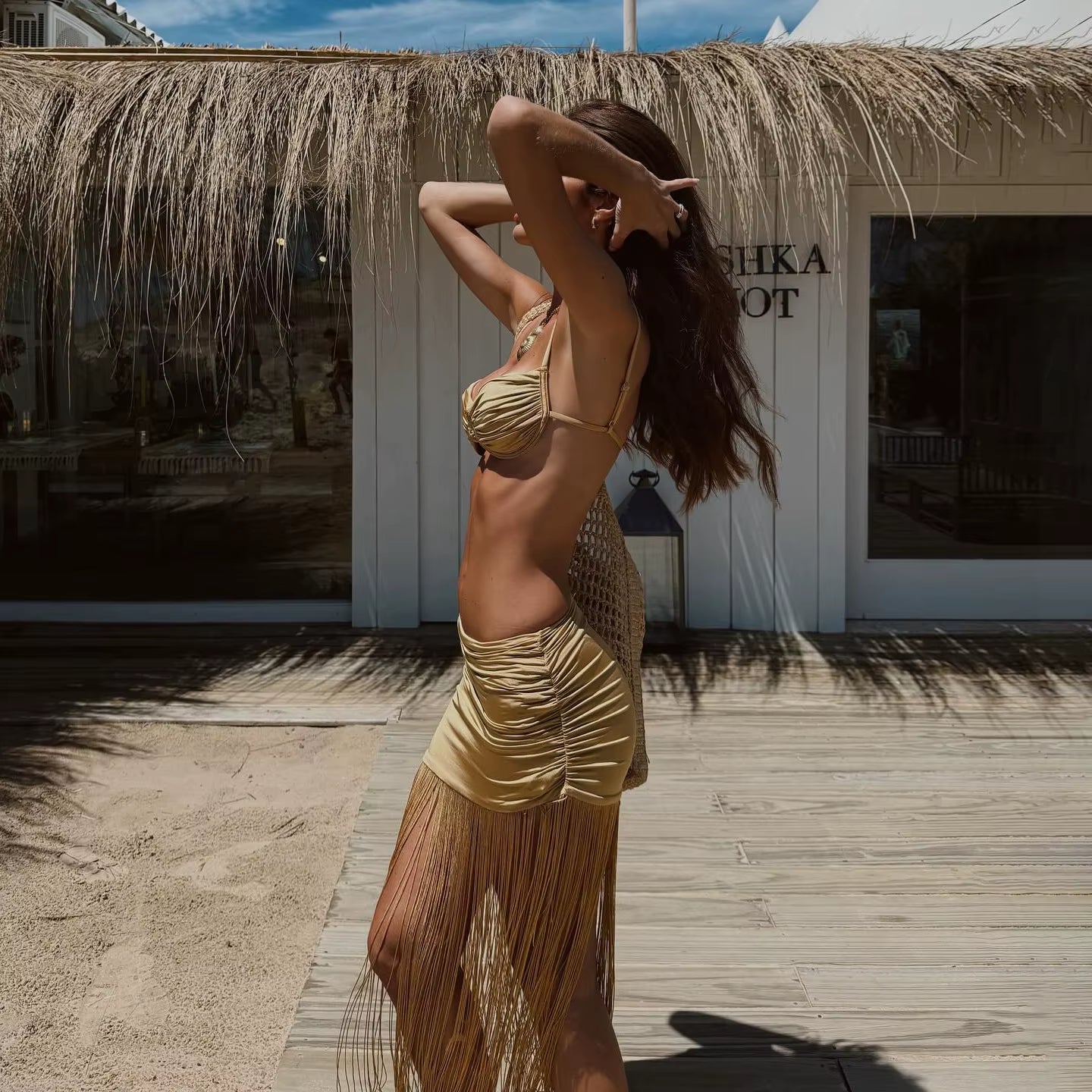 Bikini Push-Up Avec Jupe À Glands Pour Femme, Maillots De Bain Dorés