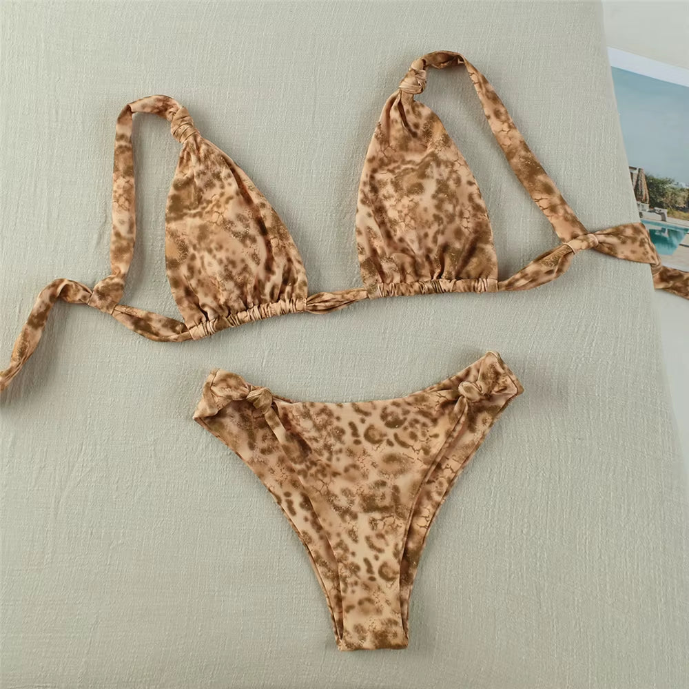 2024 New Sexy Bikinis Leopard Print Swimwear Women Swimsuit Knot Tie Brazilian Bikini Set Plunge Neck Beachwear Biquini Female