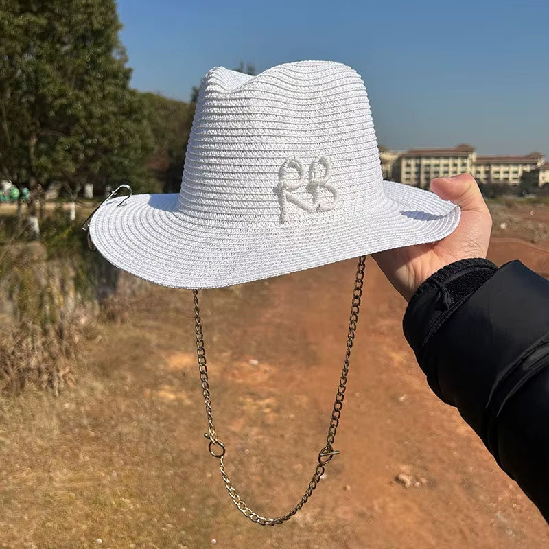 Summer Fedora Hat Metal Chain Beach Hats Customized New English Letter Hats for Men and Women Panama Punk Hats Derby Party Hat