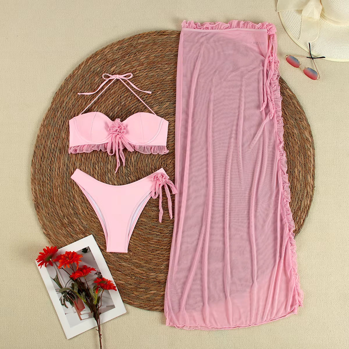Sexy 3 Pieces Bikinis 2024 Swimsuit for Women Swimwear Brazilian Bikini Set Biquini Female Swimuits Bandeau Pink Beachwear
