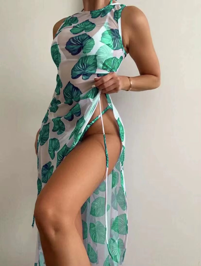 3 Pieces Leaf Print Thong Bikini 2025 Women with Cover up Swimwear Female Trikini Swimsuit Bathers Bathing Swimming Suit Summer