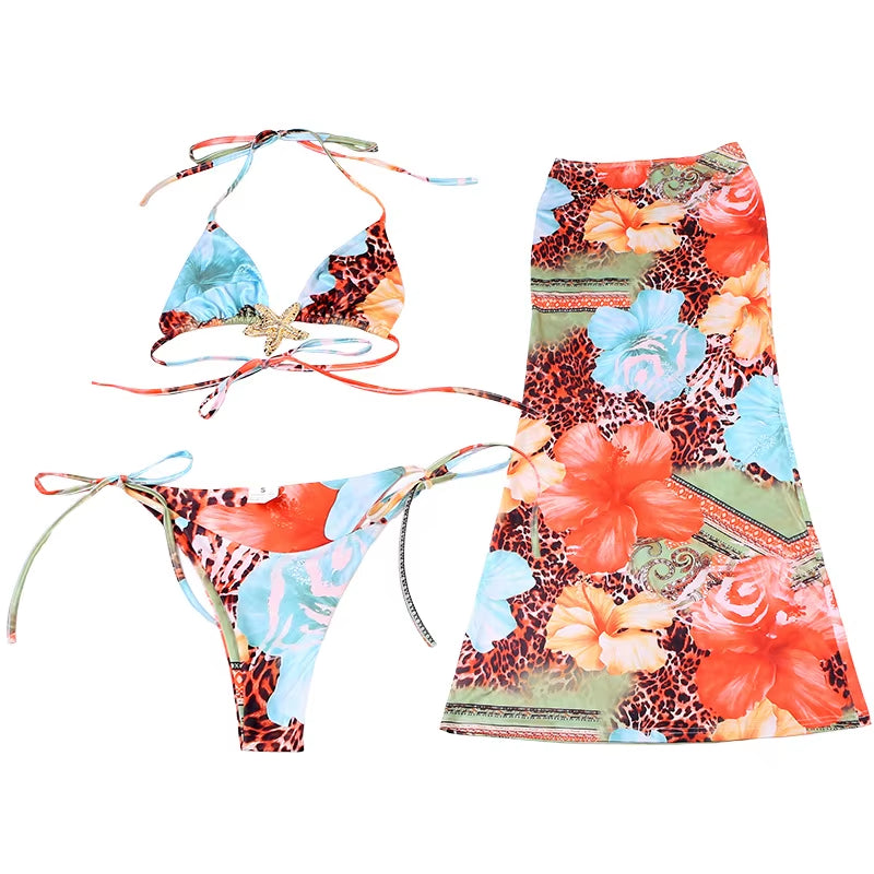 Bikini Trois Pièces Ensemble Haut Court Cravate-Détail Imprimé Floral Ensemble Jupe Costume