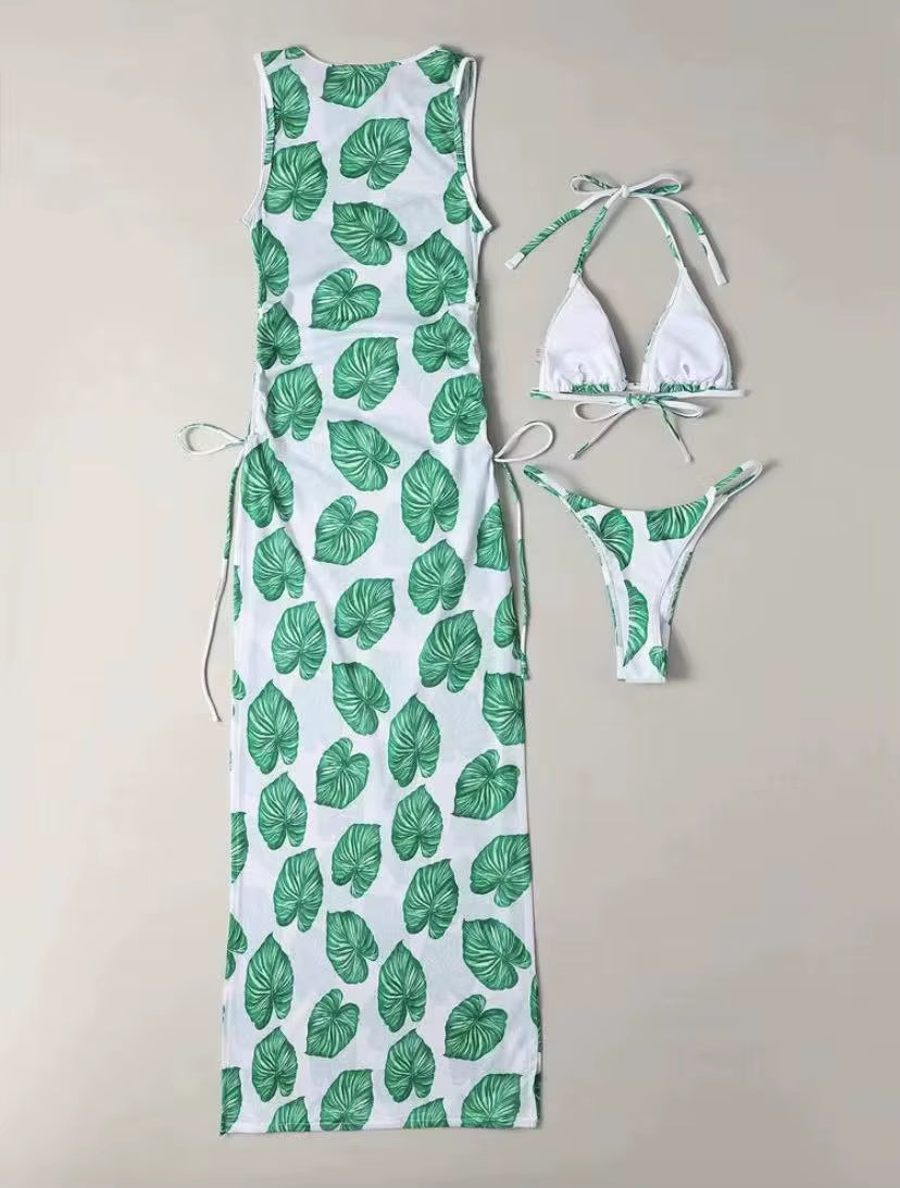 3 Pieces Leaf Print Thong Bikini 2025 Women with Cover up Swimwear Female Trikini Swimsuit Bathers Bathing Swimming Suit Summer