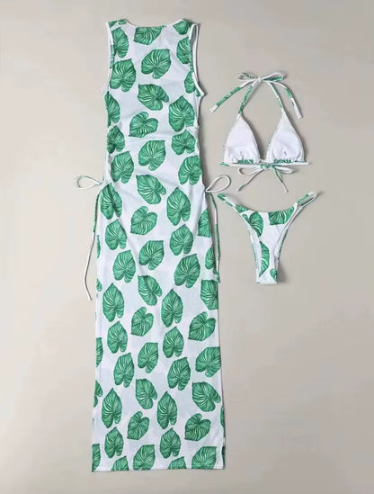 3 Pieces Leaf Print Thong Bikini 2025 Women with Cover up Swimwear Female Trikini Swimsuit Bathers Bathing Swimming Suit Summer