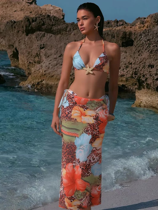 Vacances Femmes 3 Pièce Ensemble Maillot De Bain Plage Style Coloré Imprimer Bandage Soutien Gorge + Slips Maxi Jupes Minuit Club Party Costume