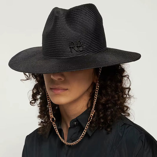 Summer Fedora Hat Metal Chain Beach Hats Customized New English Letter Hats for Men and Women Panama Punk Hats Derby Party Hat