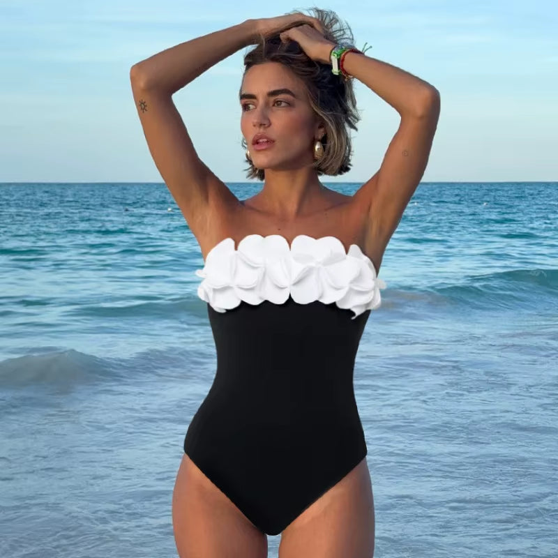 Maillot De Bain Asymétrique À Fleurs Pour Femmes, Noir Et Blanc, Contrasté, Une Pièce, Neuf, 2024