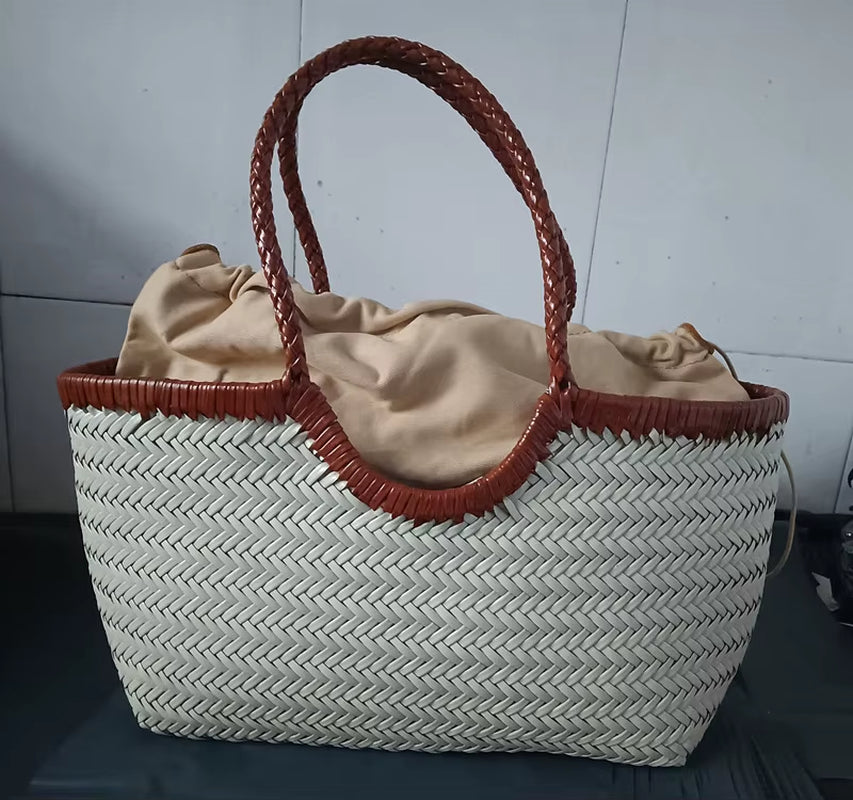 Hand-Woven Genuine Leather Woven Casual Vegetable Basket Bag with Casual Woven inside Bag Vintage Shopping Bag Tote Bag
