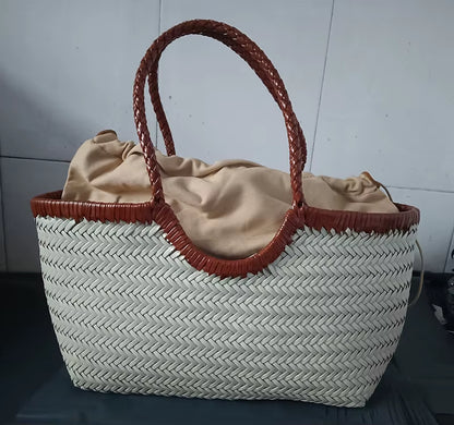 Hand-Woven Genuine Leather Woven Casual Vegetable Basket Bag with Casual Woven inside Bag Vintage Shopping Bag Tote Bag