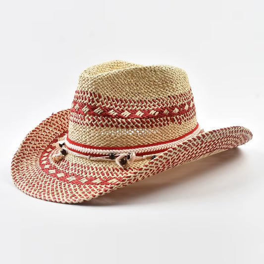 Natural Straw Hats for Women Ethnic Style Western Cowboy Hat Summer Holidays Beach Sun Hat