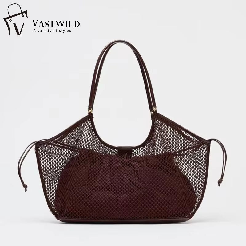 Women Large Capacity Mesh Beach Travel Shoulder Bag Casual Shopper Totes Beach Toy Storage Bag Hollow Mesh Fishing Net Tote Bag