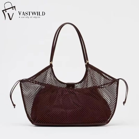 Women Large Capacity Mesh Beach Travel Shoulder Bag Casual Shopper Totes Beach Toy Storage Bag Hollow Mesh Fishing Net Tote Bag