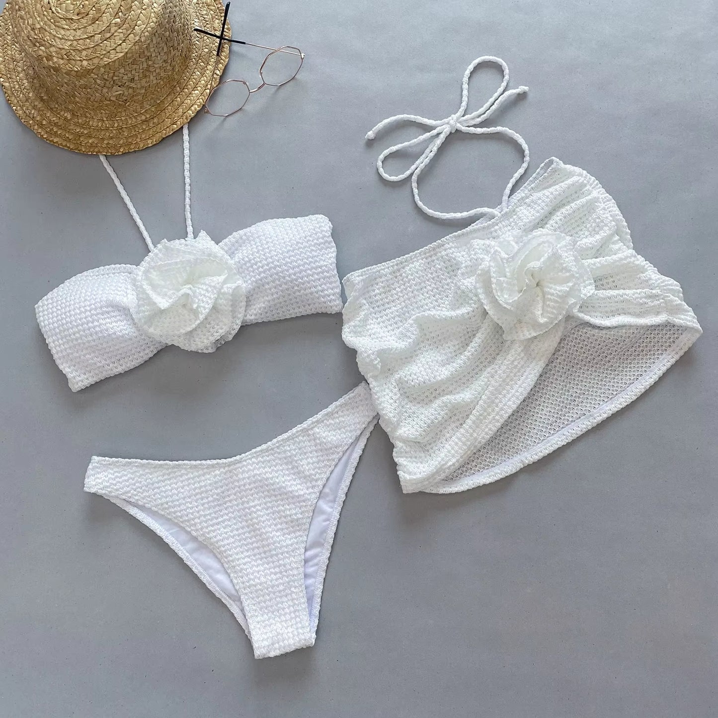 3 Pieces Bikini Sexy Women Swimsuits Female Swimwear Floral Bikini Sets Cover Ups Swimming Suits Outfits Beachwear Maxi Dress