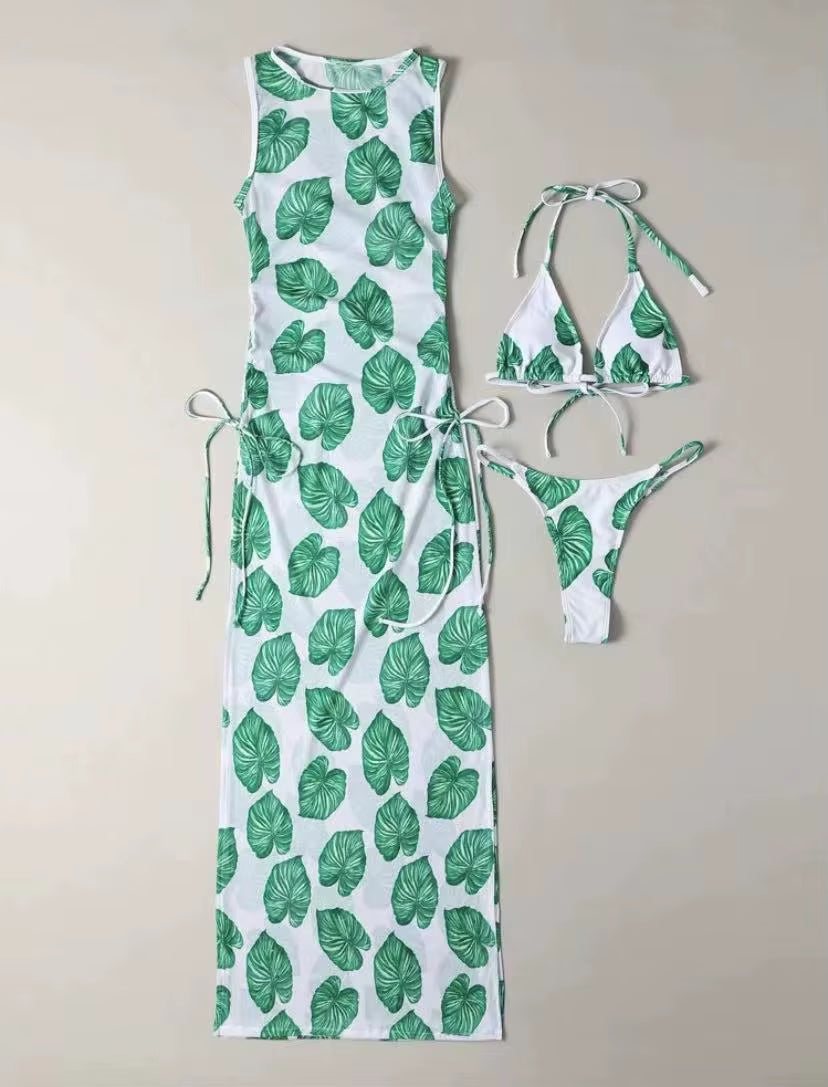 3 Pieces Leaf Print Thong Bikini 2025 Women with Cover up Swimwear Female Trikini Swimsuit Bathers Bathing Swimming Suit Summer