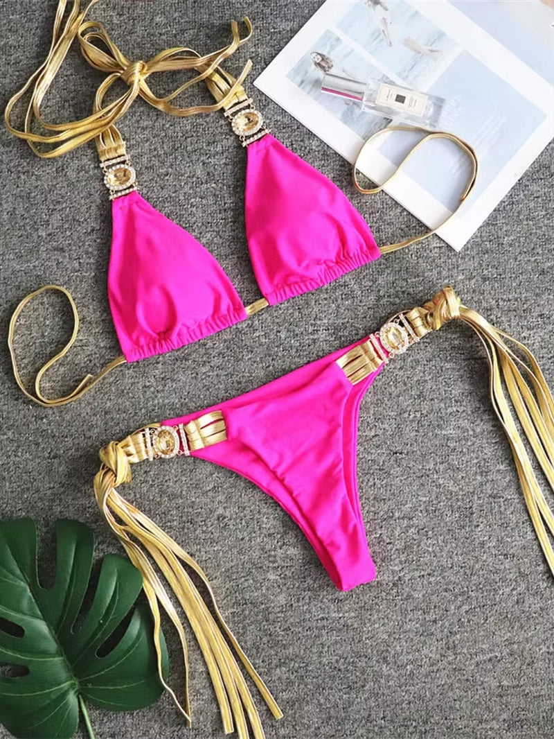 Sexy Crystal Bikini Set Luxury Push-Up Tassel Swimwear Women Brazilian Red Pink Rhinestone Bathing Suit Tanga Swimwear 2025
