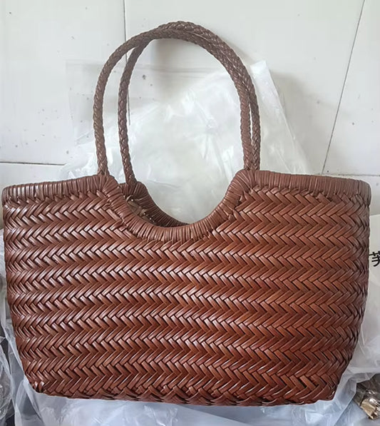 Hand-Woven Genuine Leather Woven Casual Vegetable Basket Bag with Casual Woven inside Bag Vintage Shopping Bag Tote Bag