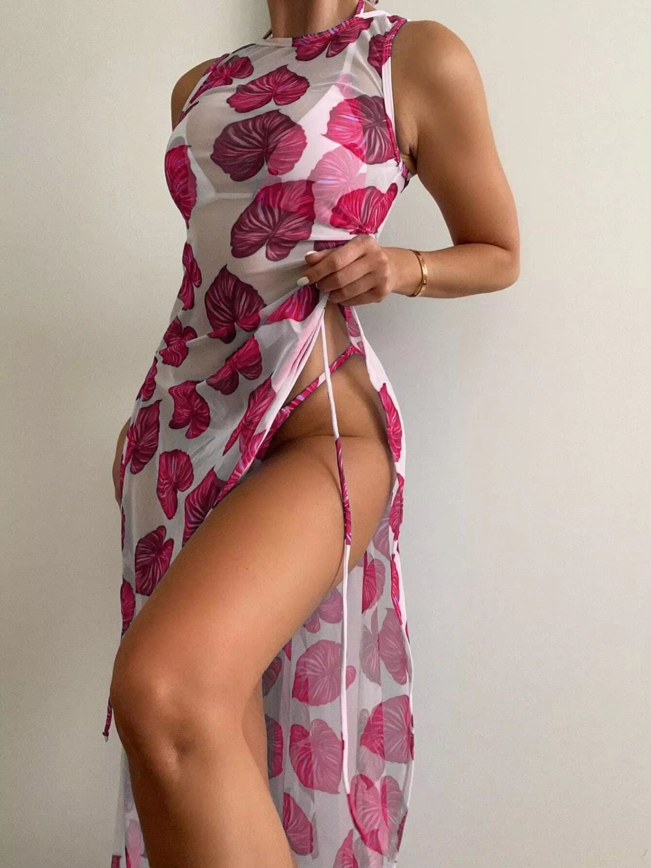 3 Pieces Leaf Print Thong Bikini 2025 Women with Cover up Swimwear Female Trikini Swimsuit Bathers Bathing Swimming Suit Summer
