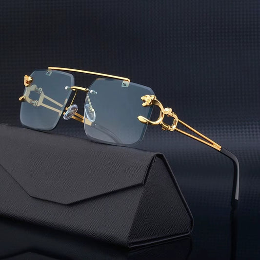 Fashion Leopard Rimless Square Double Bridge Sun Glasses Vintage Women Men Sunglasses UV400 Steampunk Eyewear Retro Shades