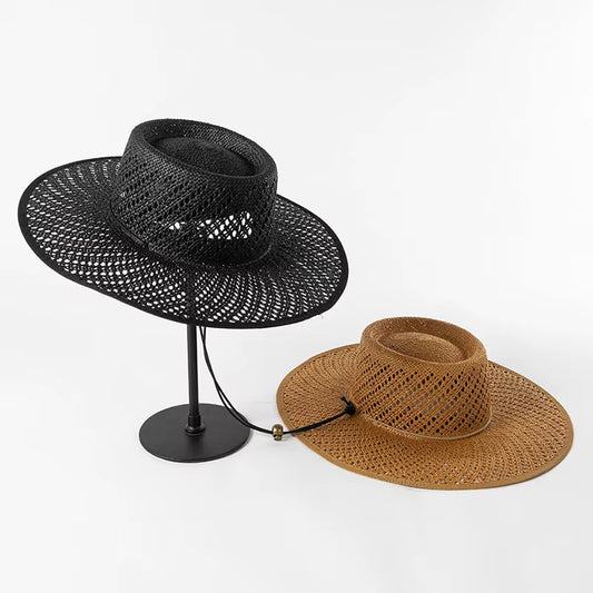 New Designer Style Hollow Big Brim Beach Straw Hats for Women with Straps Fashion Design Summer Sun Hats Lady Panama Fedora Hat