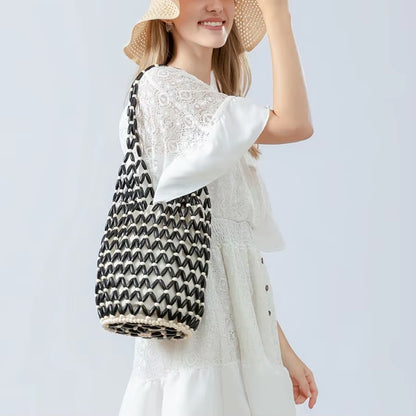 Women Woven Hand Bag Summer Design Hollow-Out Wooden Bead Tote Bucket Shoulder Bag Female Reticulate Netted Canvas Beach Handbag