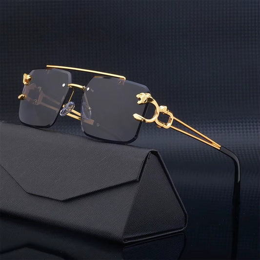 Fashion Leopard Rimless Square Double Bridge Sun Glasses Vintage Women Men Sunglasses UV400 Steampunk Eyewear Retro Shades