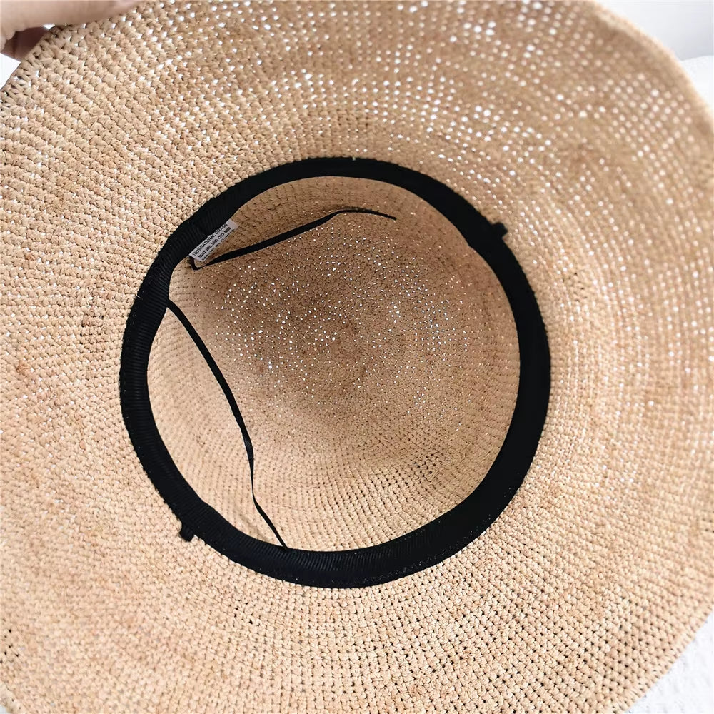 Raffia Straw Bow Decor Sun Hat & Tote Bag Set | Natural Handmade Beach Accessories, Foldable Wide Brim Hat Large Capacity Bag |