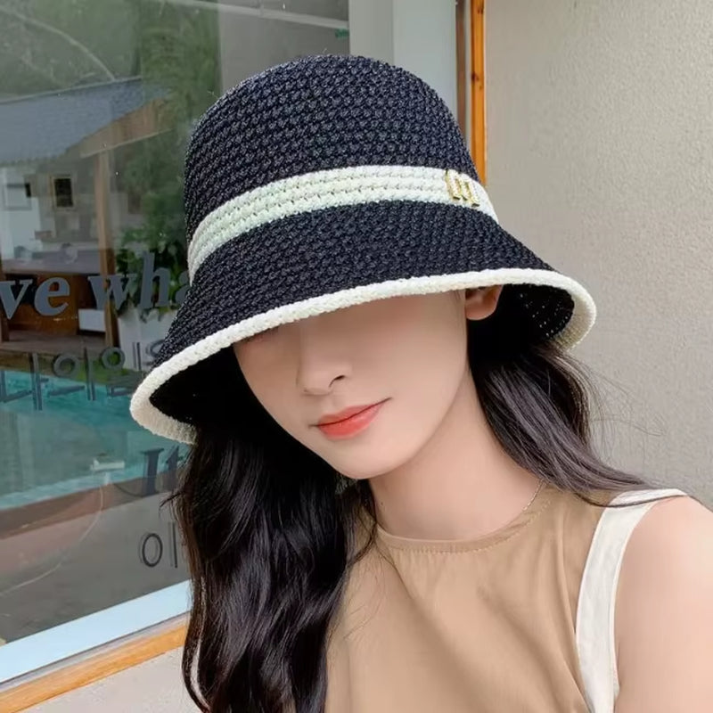2023 Summer Knitted Hollow Sun Hats for Women Matching Color Sunshade Ladies Holiday Beach Bucket Hat Fisherman Cap Wholesale