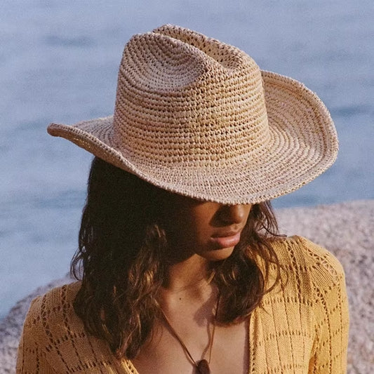 Handmade Raffia Straw Sun Hat for Women Wide Brim Crochet Cowboy Hat with Adjustable Velcro and Memory Wire Summer Beach Hat